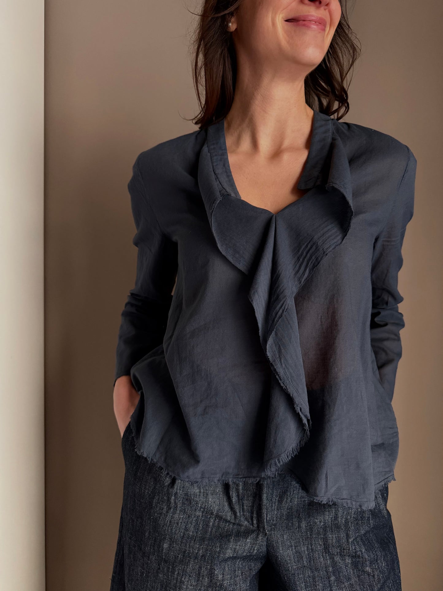 Blusa in cotone garzato con rouches