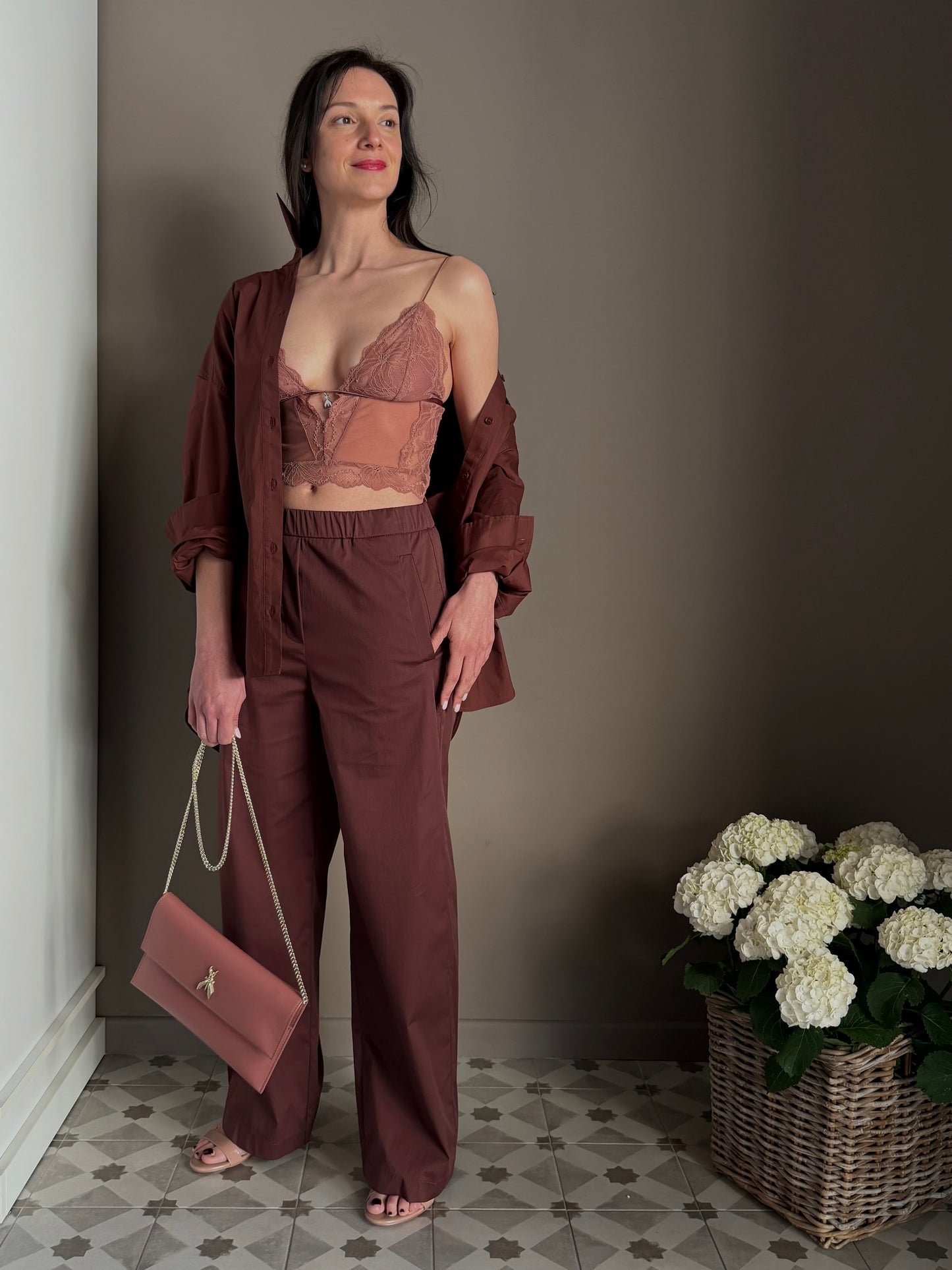 Pantalone in popeline con elastico Brown