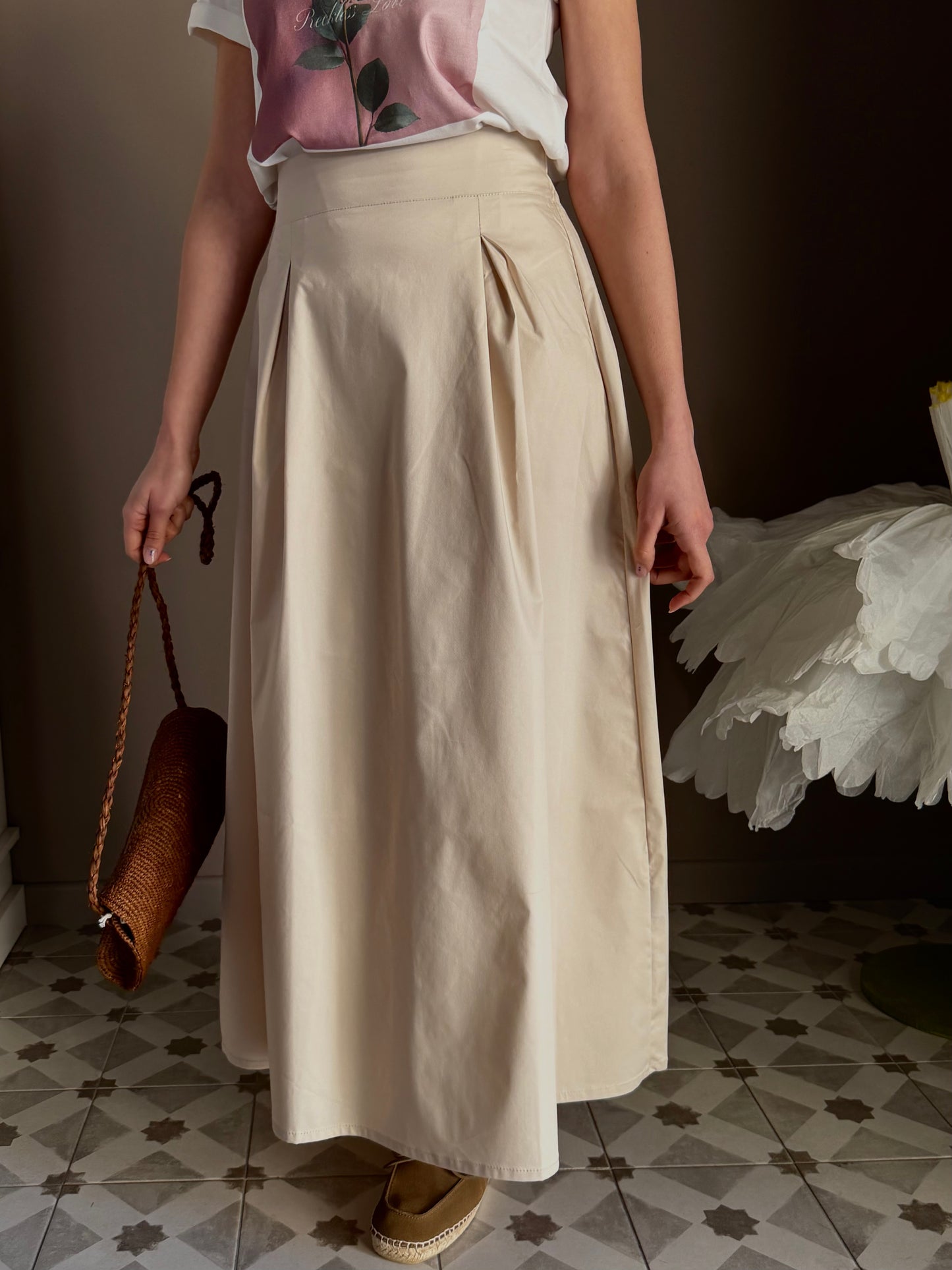 Gonna lunga in popeline di cotone beige
