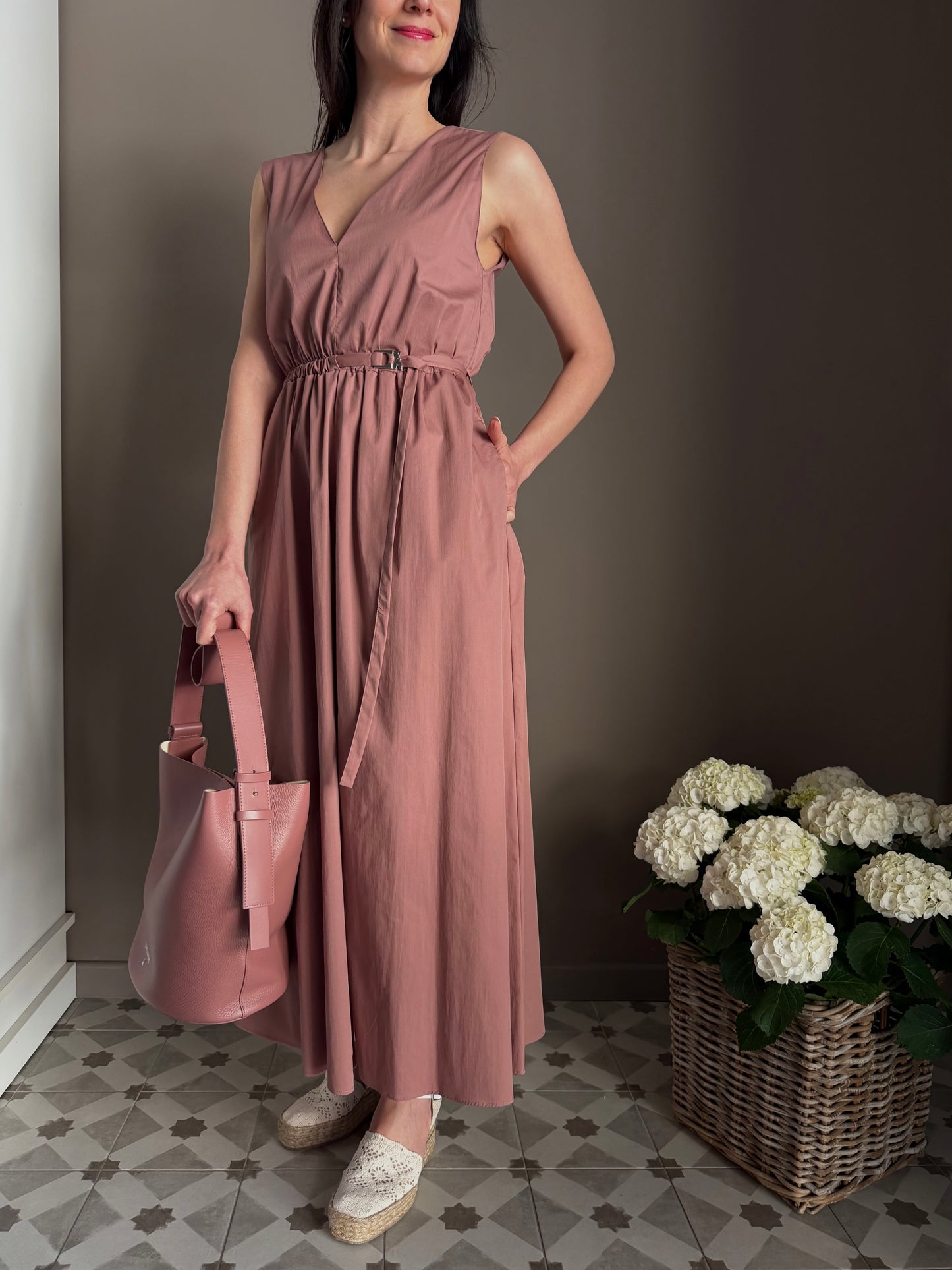 Abito midi in popeline di cotone terracotta