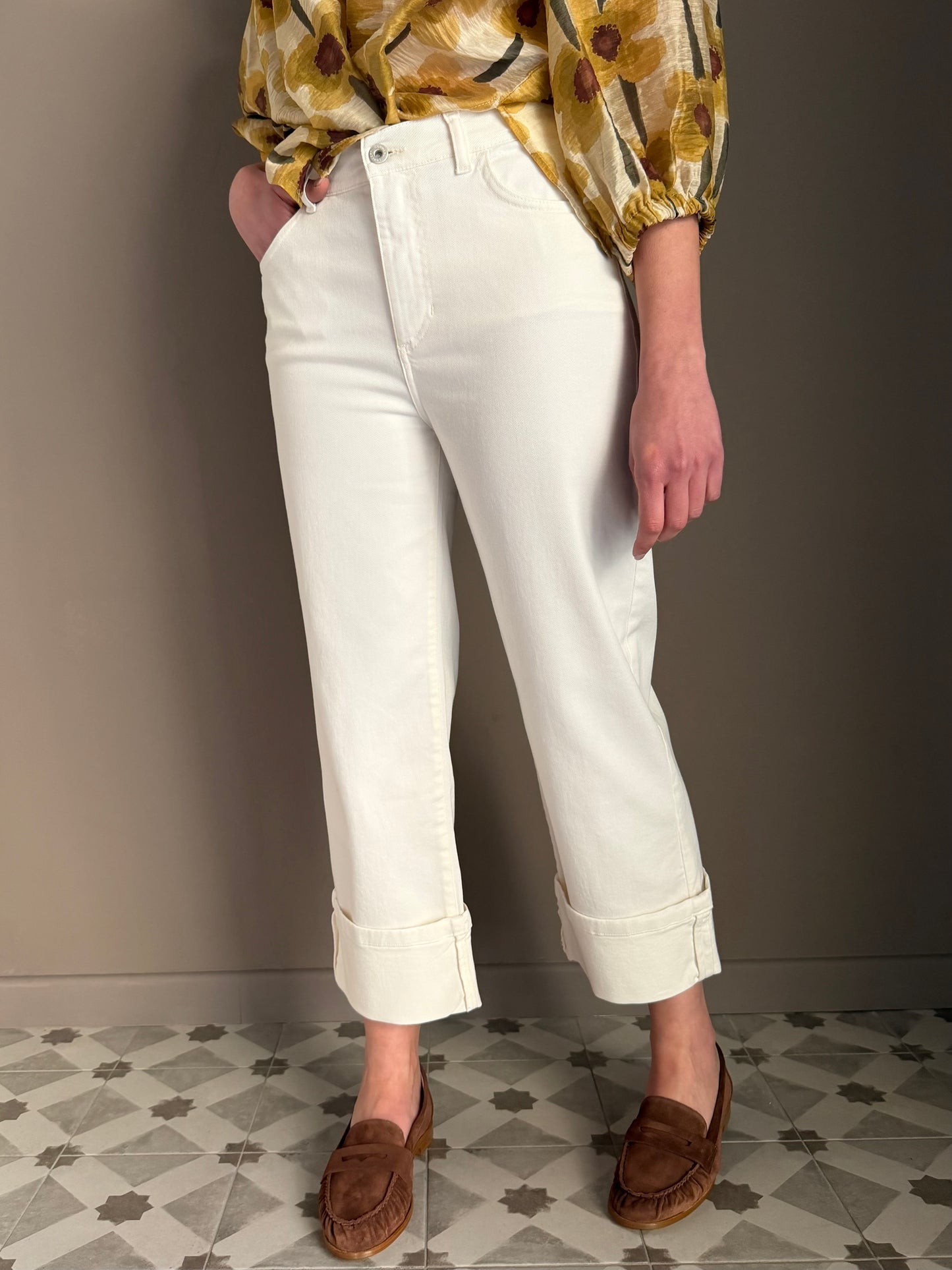 Pantalone straight in drill di cotone