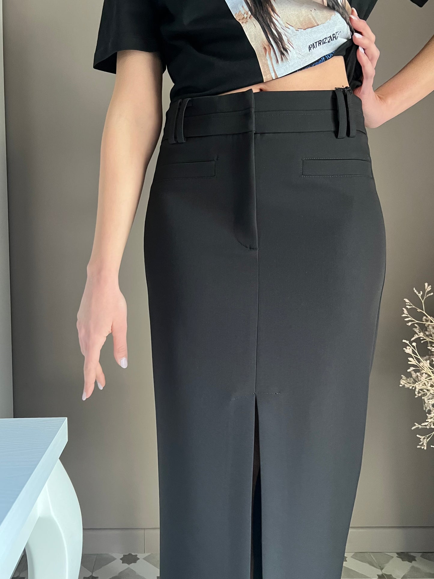 Gonna midi sartoriale in gabardine