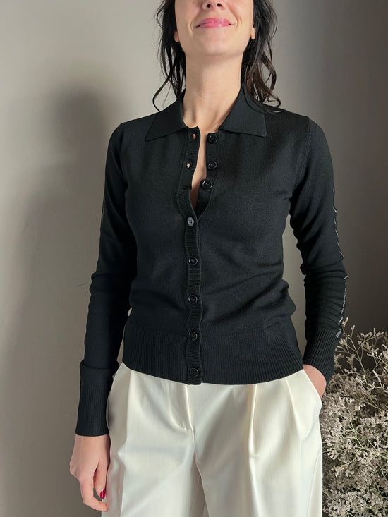 Cardigan in lana  nero con collo a polo