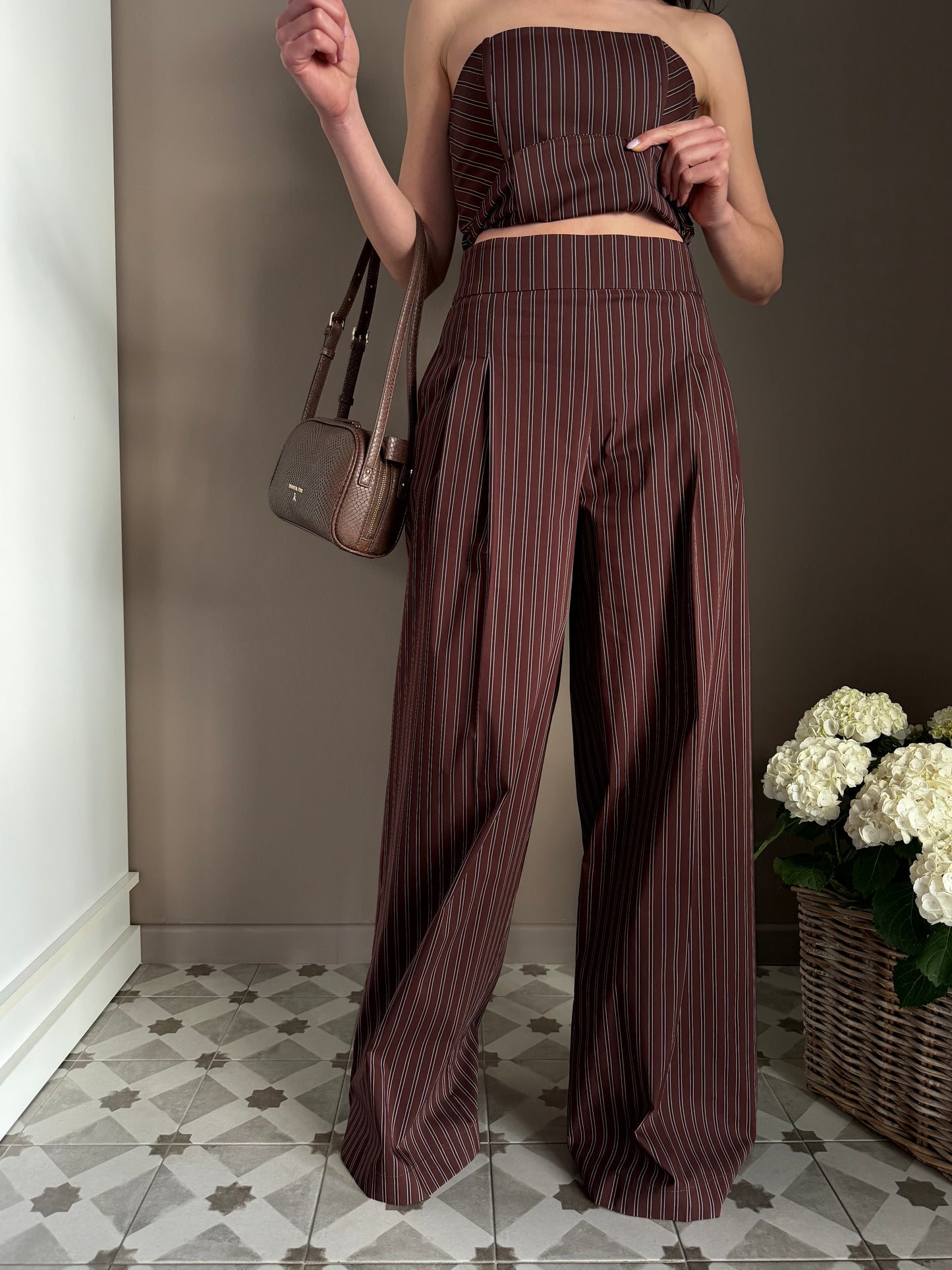 Pantalone gessato in cotone wide-leg