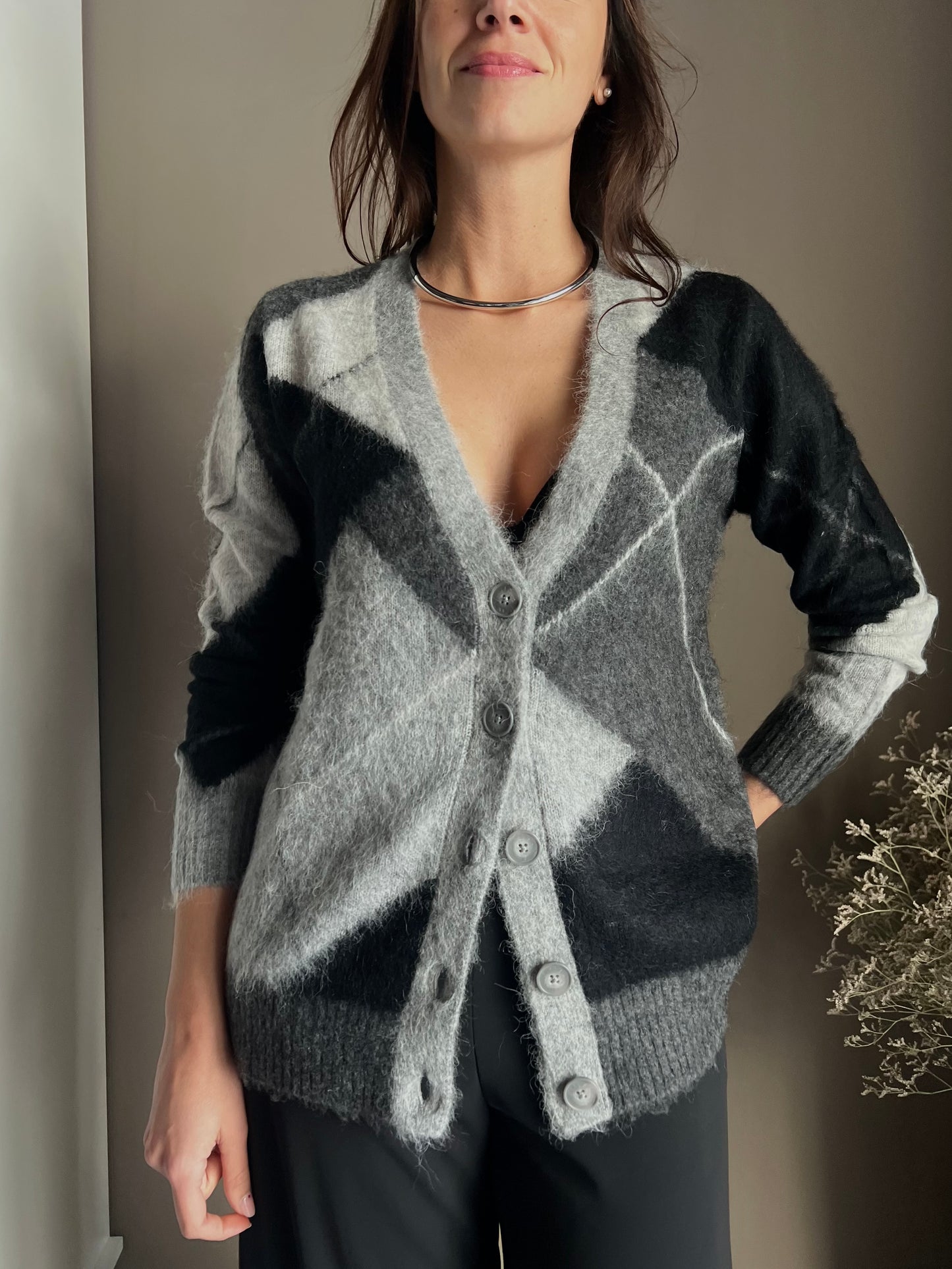 Cardigan losanghe in misto lana e Alpaca