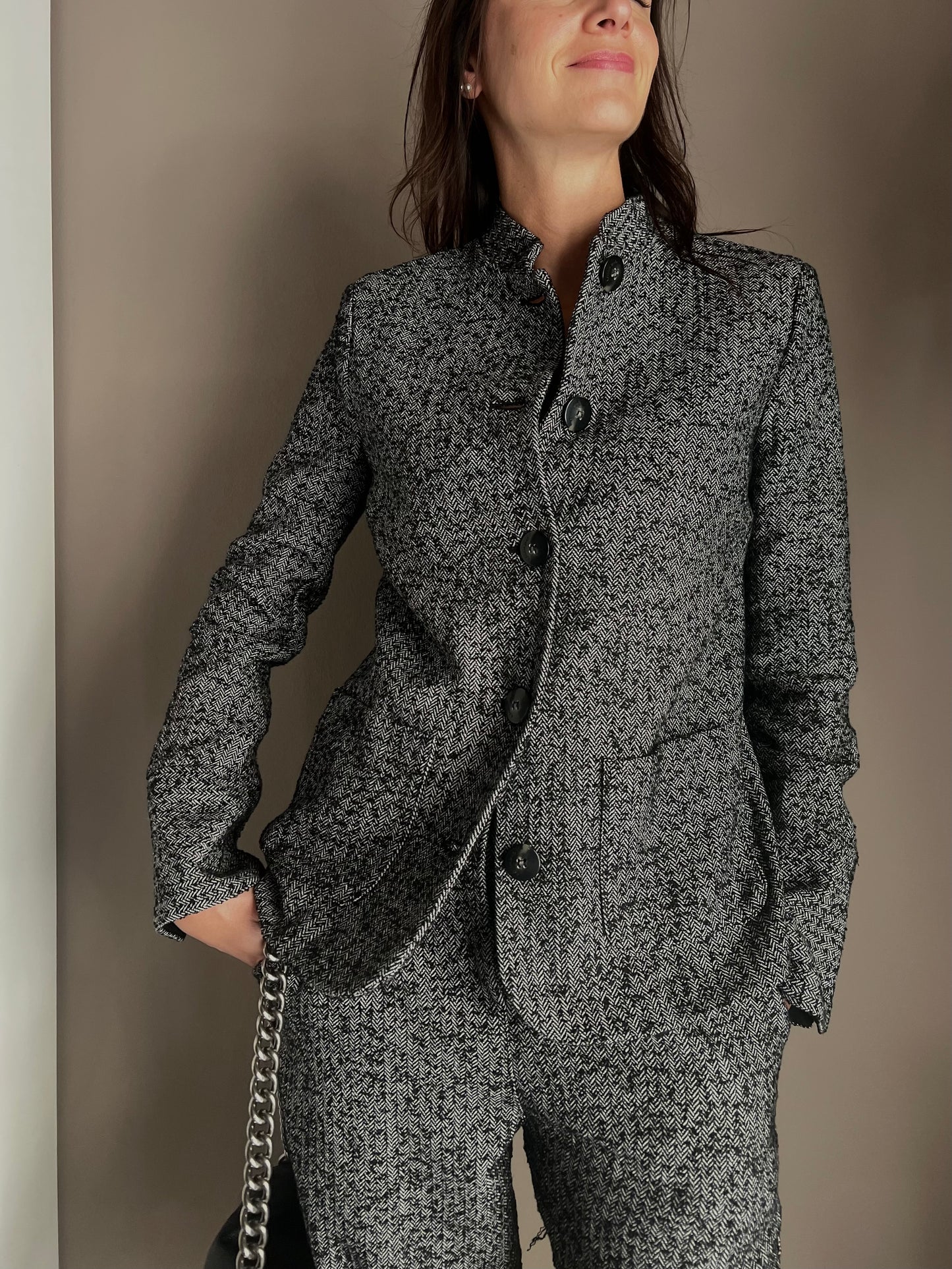 Giacca in tweed con collo alla coreana