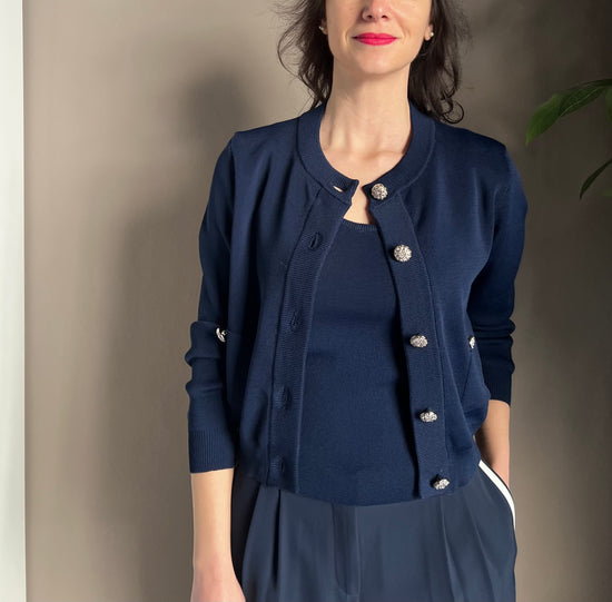 Cardigan in viscosa blu con bottoni dorati