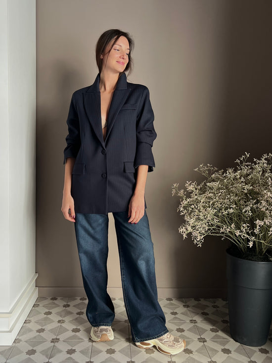 Giacca gessata over in punto stoffa navy