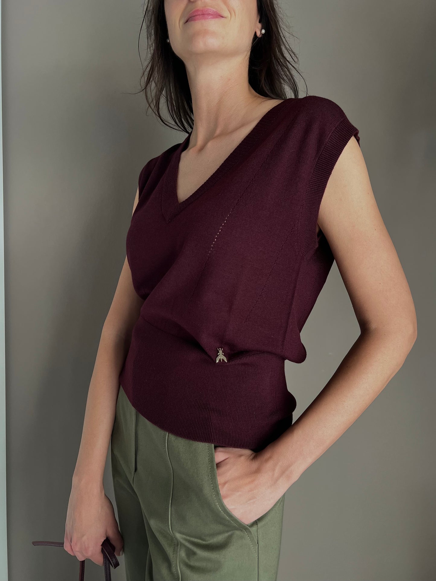 Gilet in maglia scollo V in lana Purple Red