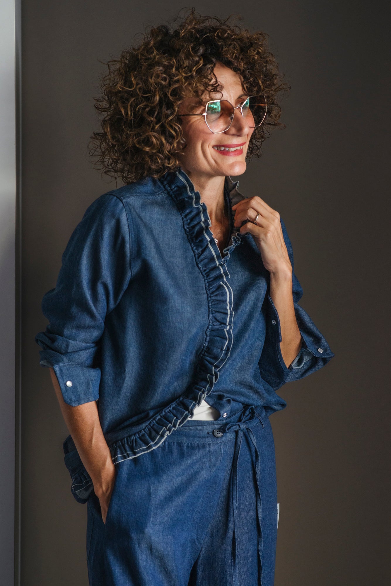 Camicia in denim con rouches