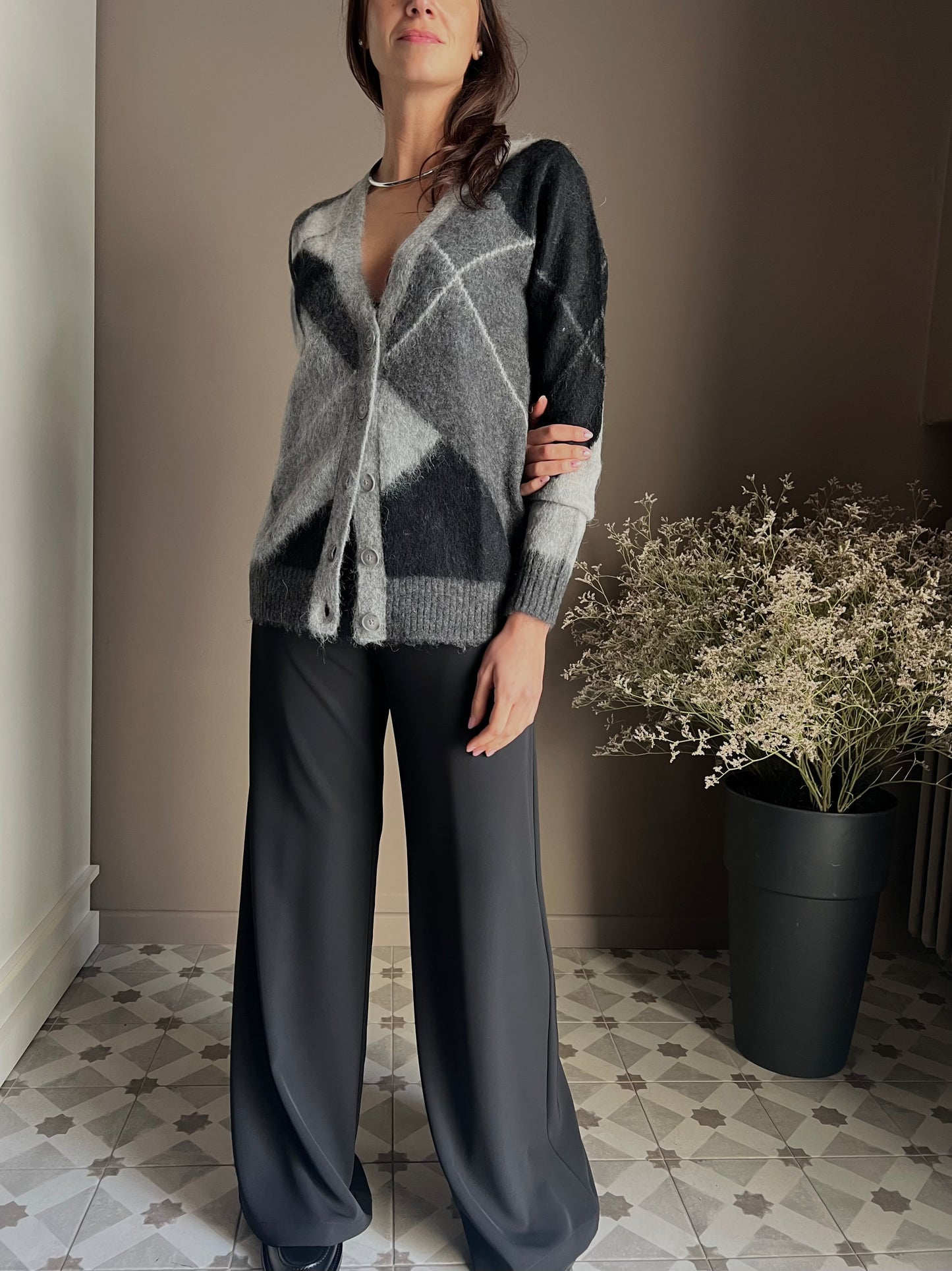 Cardigan losanghe in misto lana e Alpaca