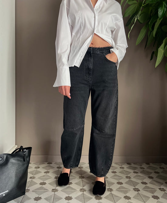 Pantalone denim vita bassa baloon Nero