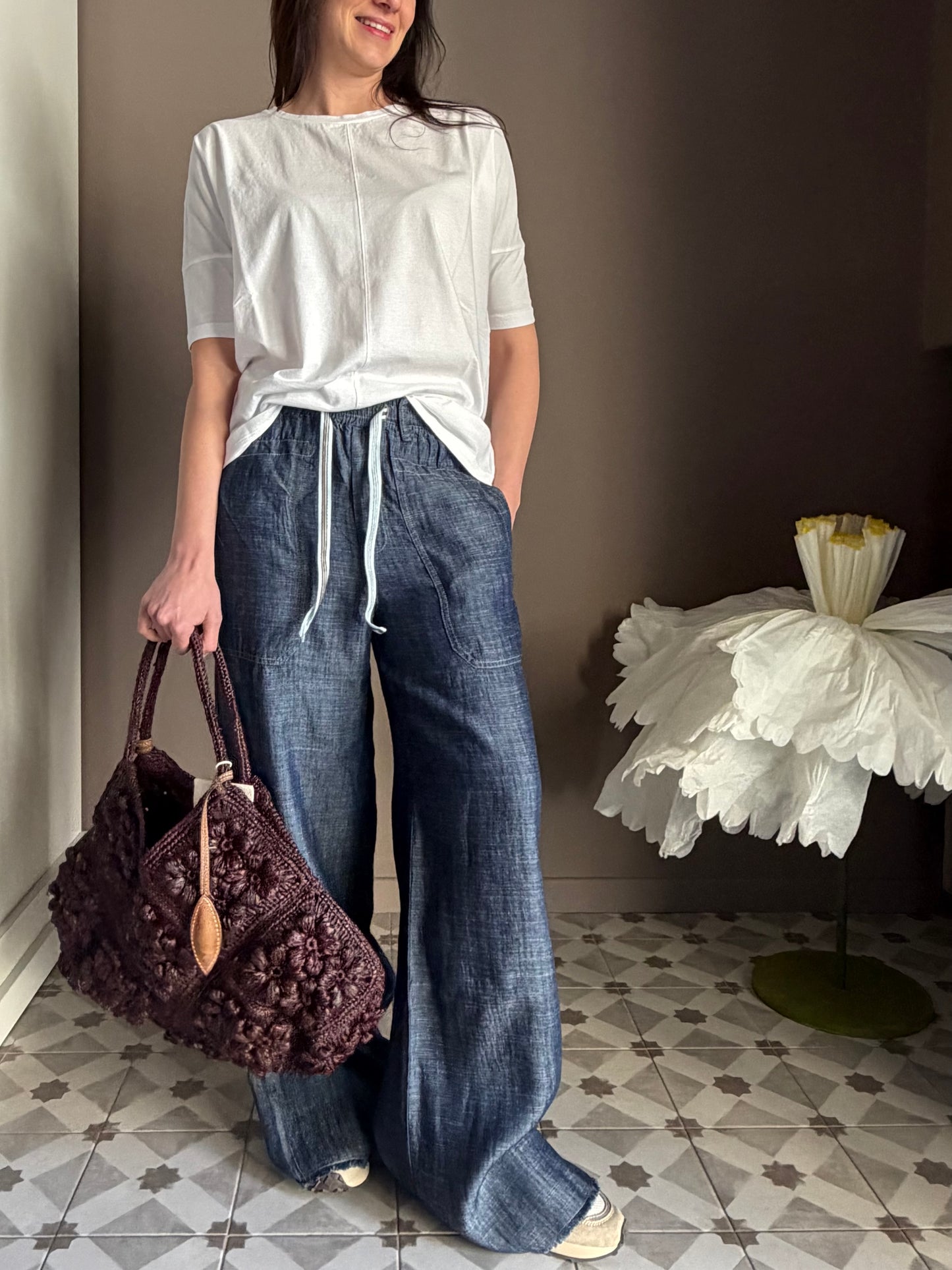 Pantalone chambray in cotone e Lyoncell