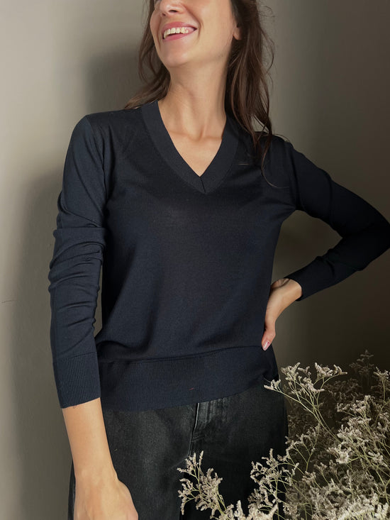 Maglia scollo a V in pura lana Blu