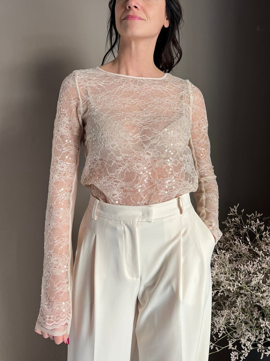 Top a maniche lunghe in pizzo con paillettes