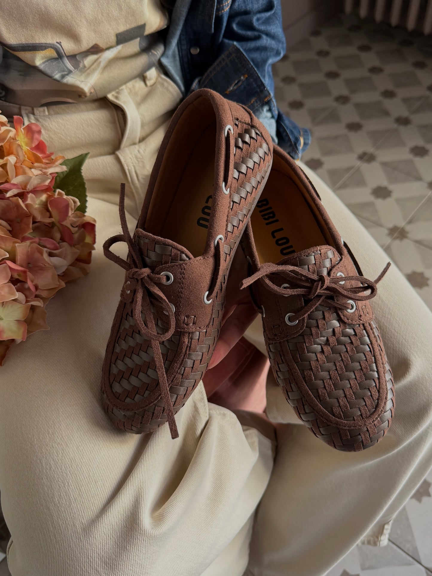 Mocassino in pelle intrecciato e suede