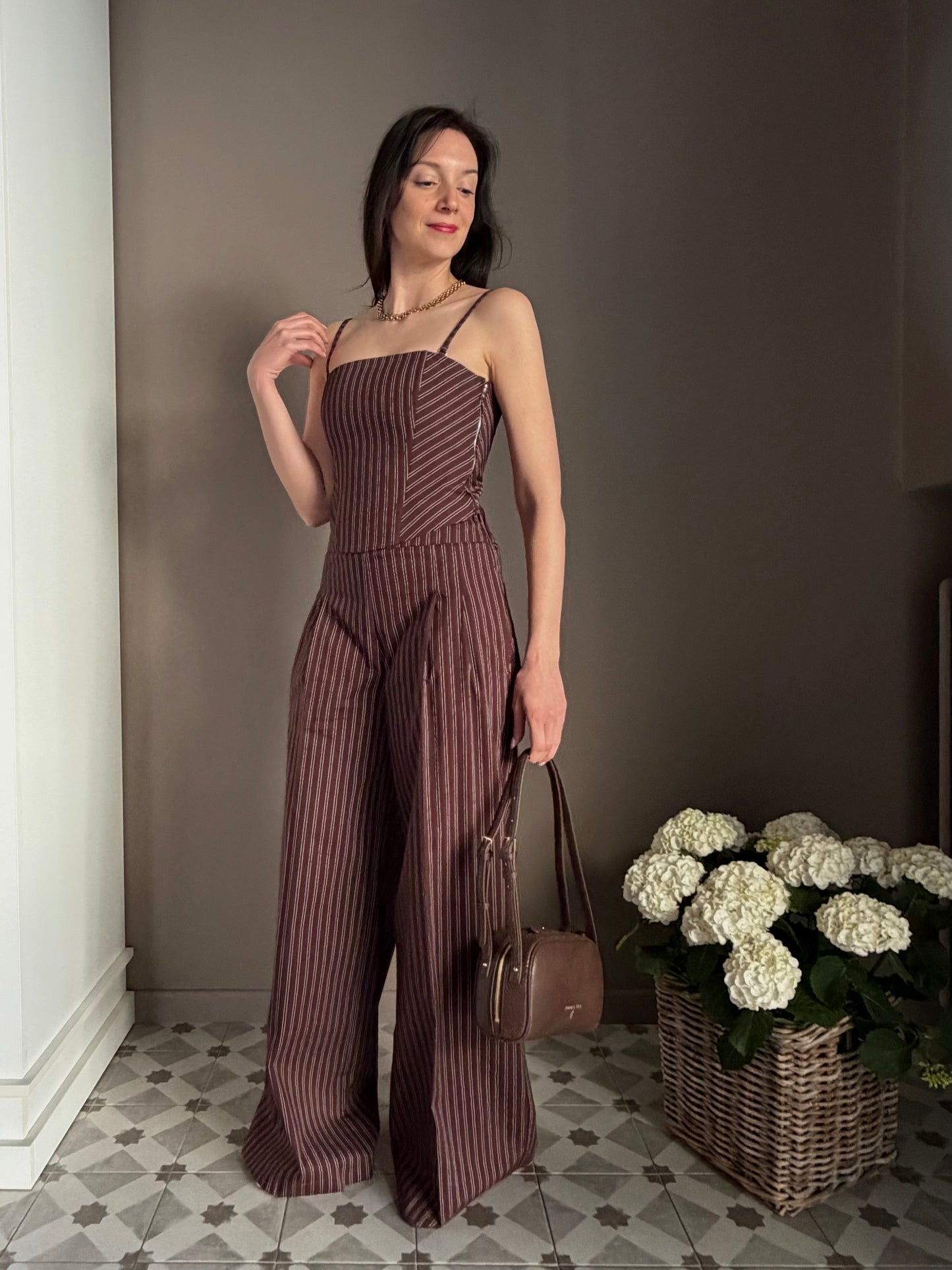 Pantalone gessato in cotone wide-leg