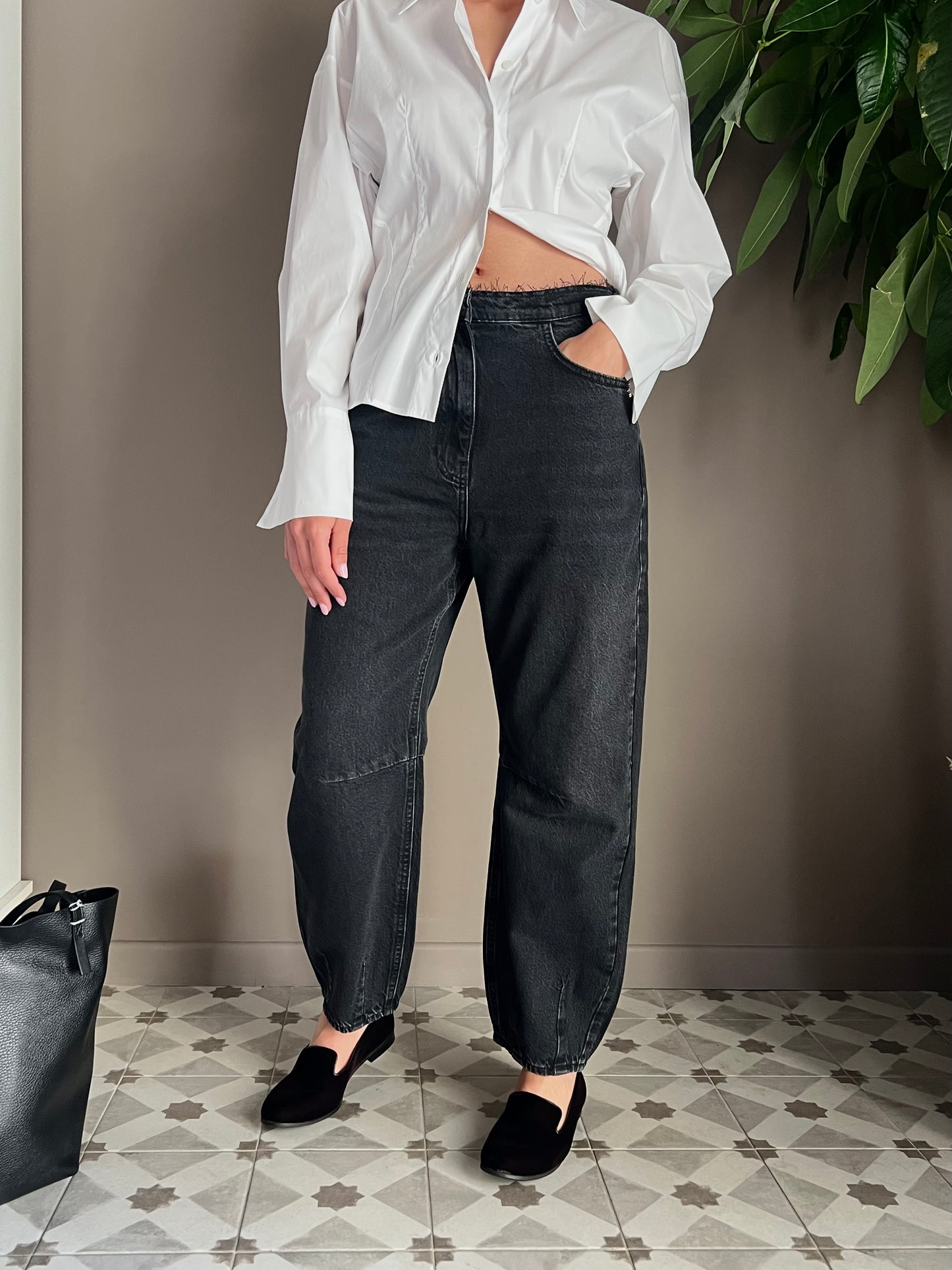 Pantalone denim vita bassa baloon Nero