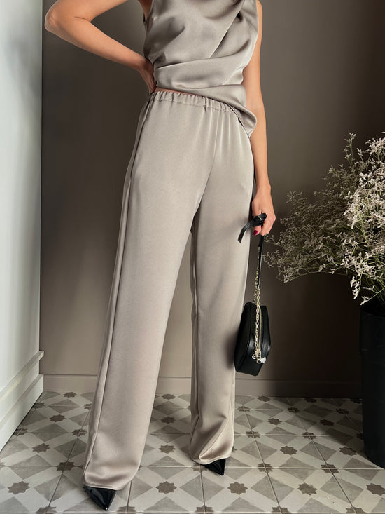 Pantalone palazzo in tessuto lucido taupe