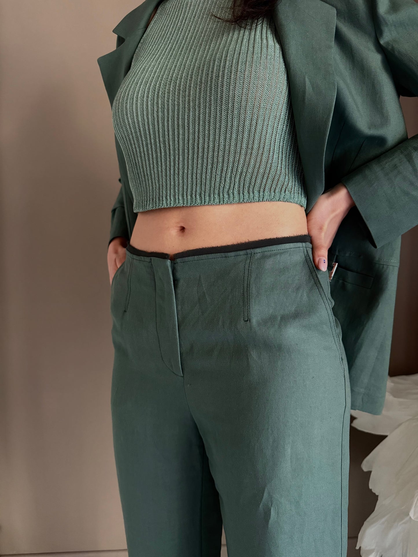 Pantalone Wide Leg in Lino e Viscosa – Verde Salvia