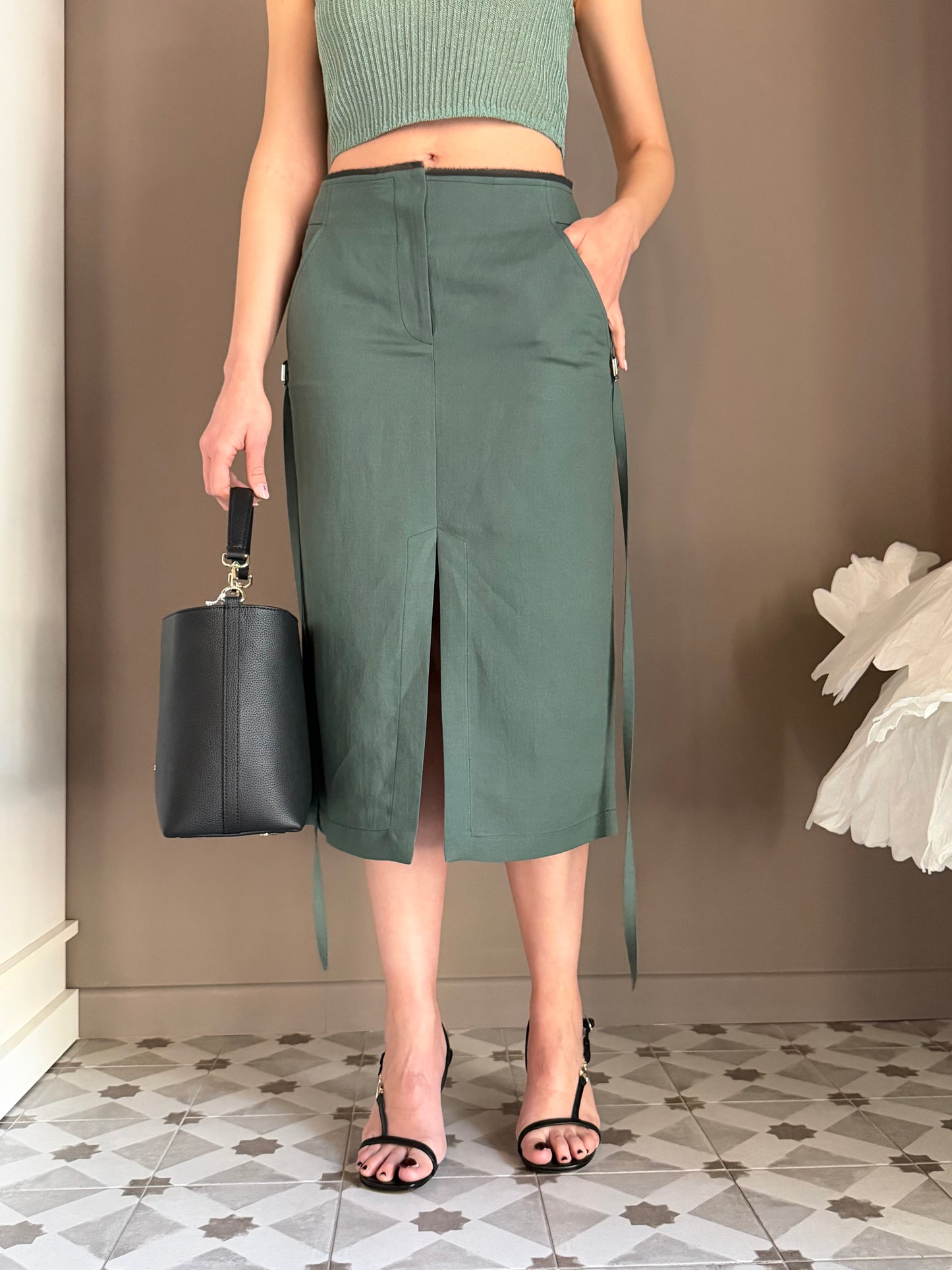Gonna Midi Patrizia Pepe in Lino e Viscosa – Verde Salvia