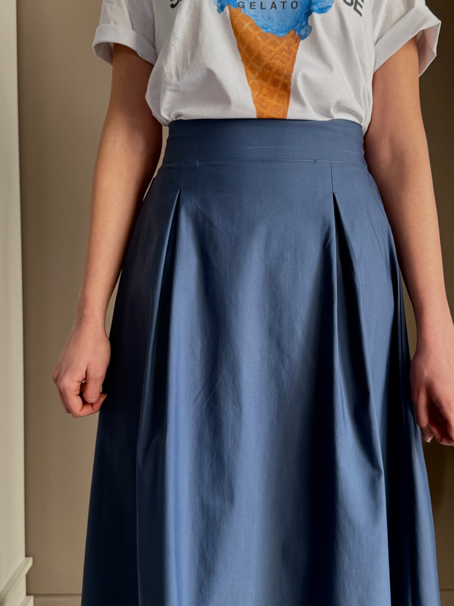 Gonna lunga in popeline di cotone blu