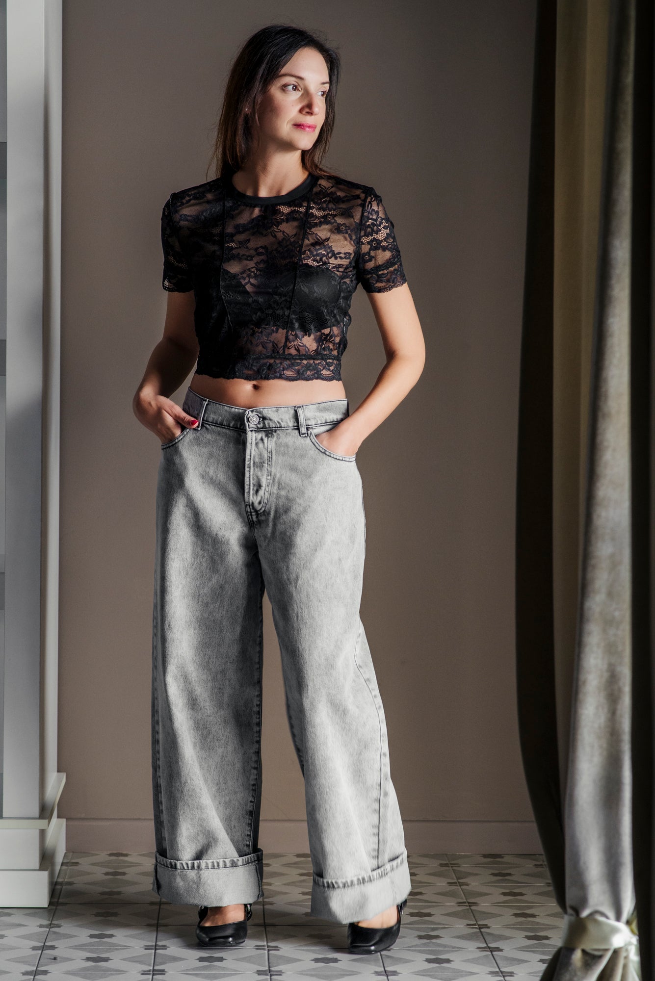Pantalone denim grigio over