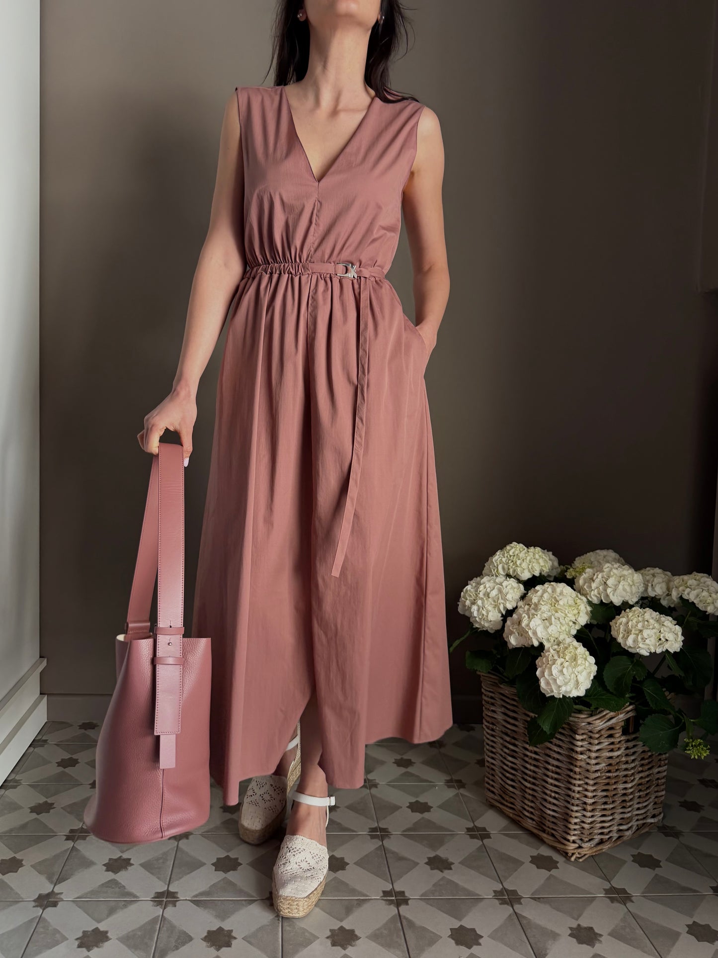 Abito midi in popeline di cotone terracotta