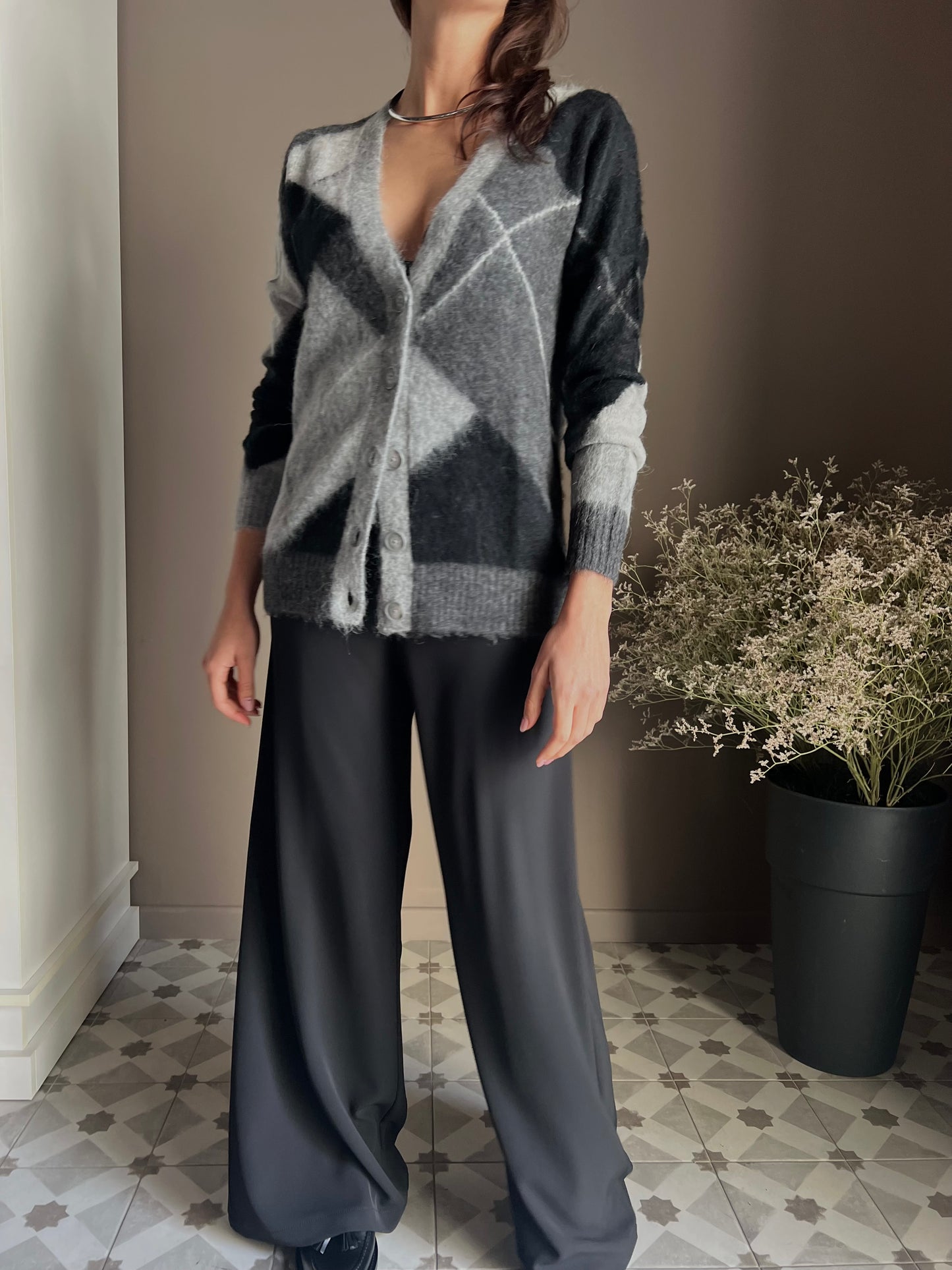 Cardigan losanghe in misto lana e Alpaca