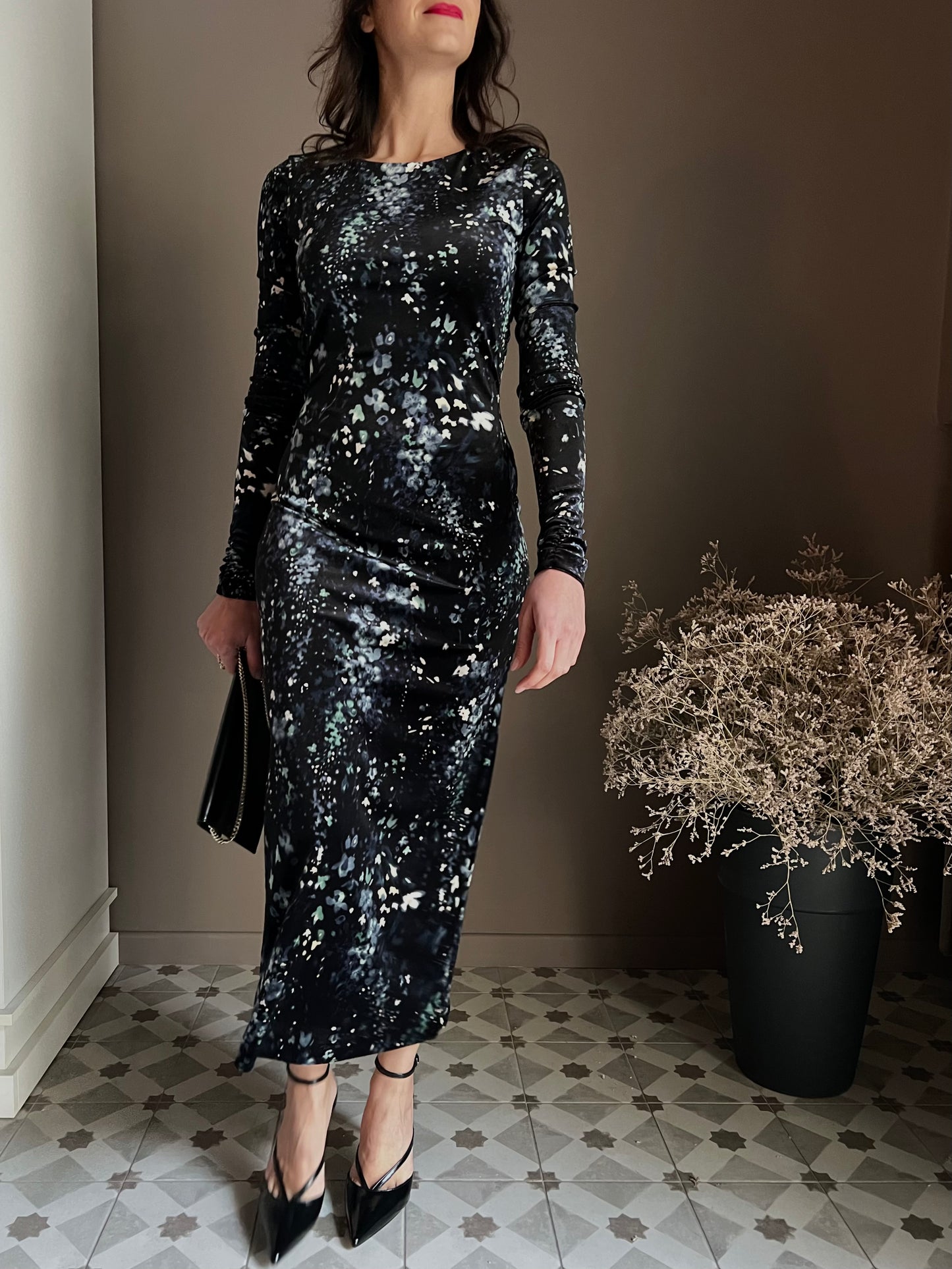 Abito lungo in micro fantasia in velluto