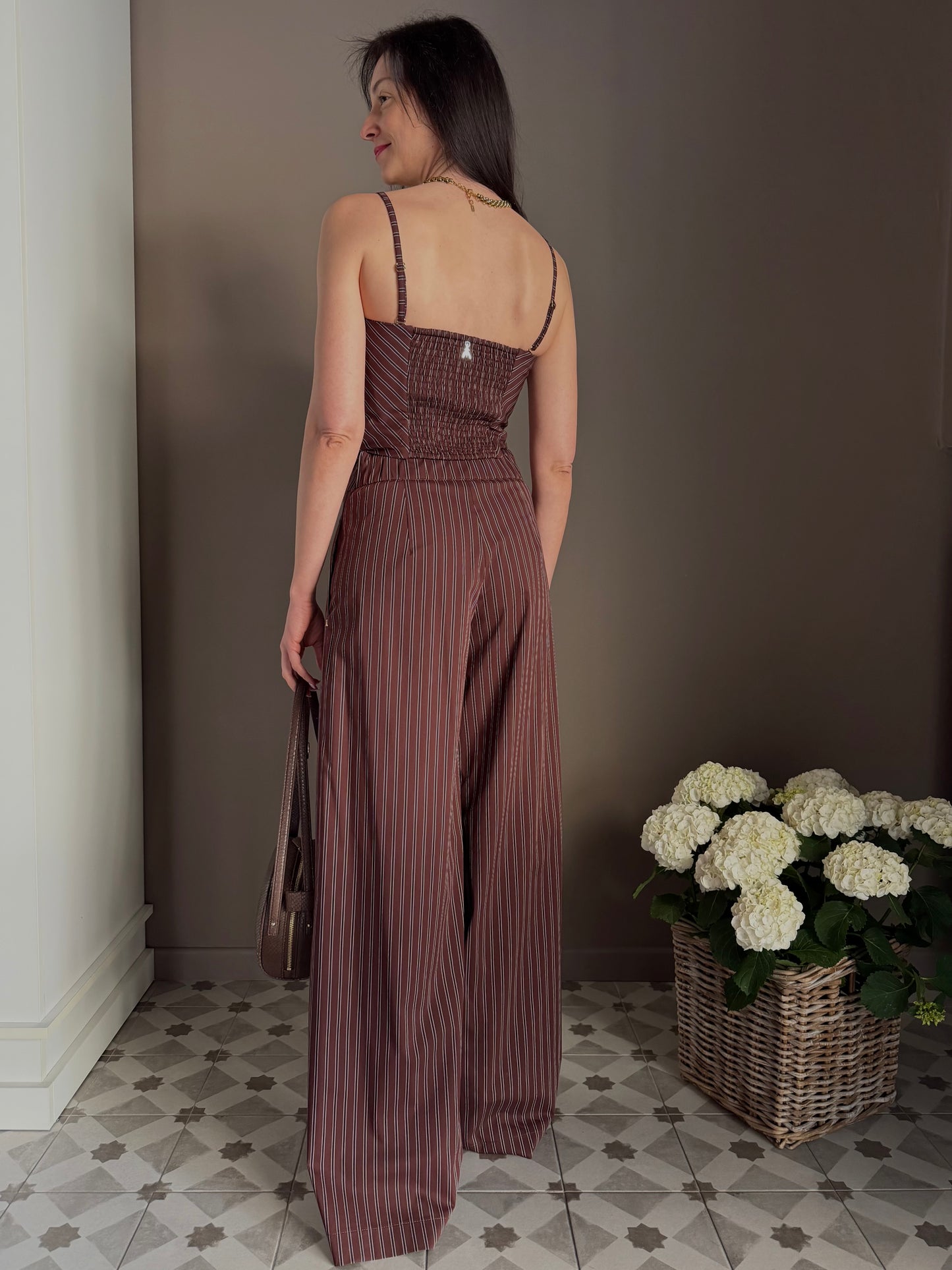 Pantalone gessato in cotone wide-leg