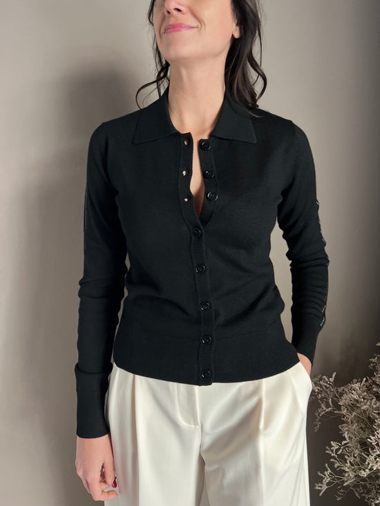 Cardigan in lana  nero con collo a polo