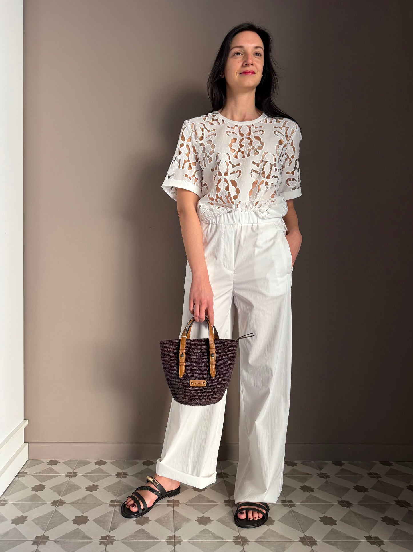 Blusa in macrame’ e tencel bianca