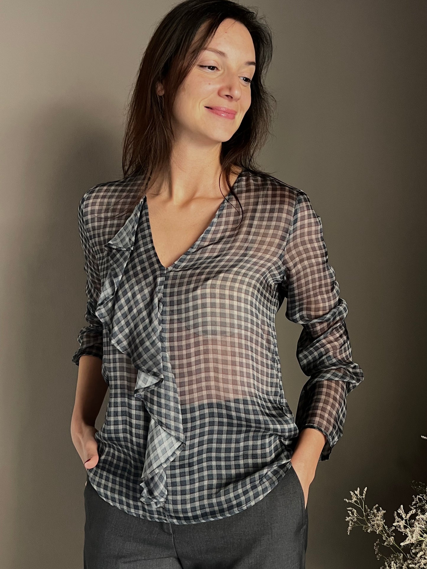 Camicia in seta e viscosa a quadretti