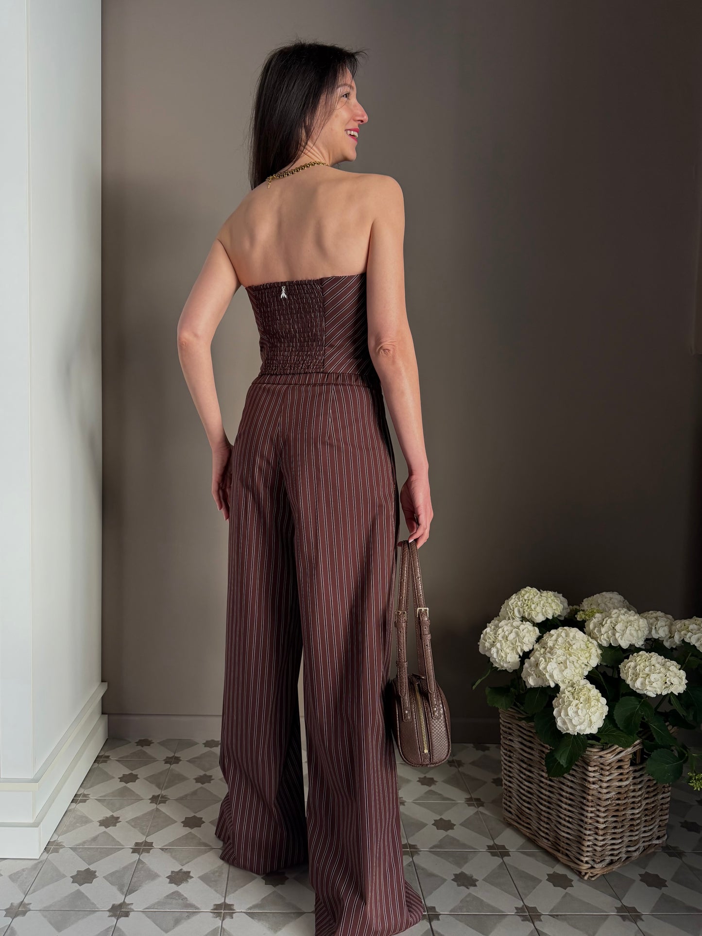 Pantalone gessato in cotone wide-leg