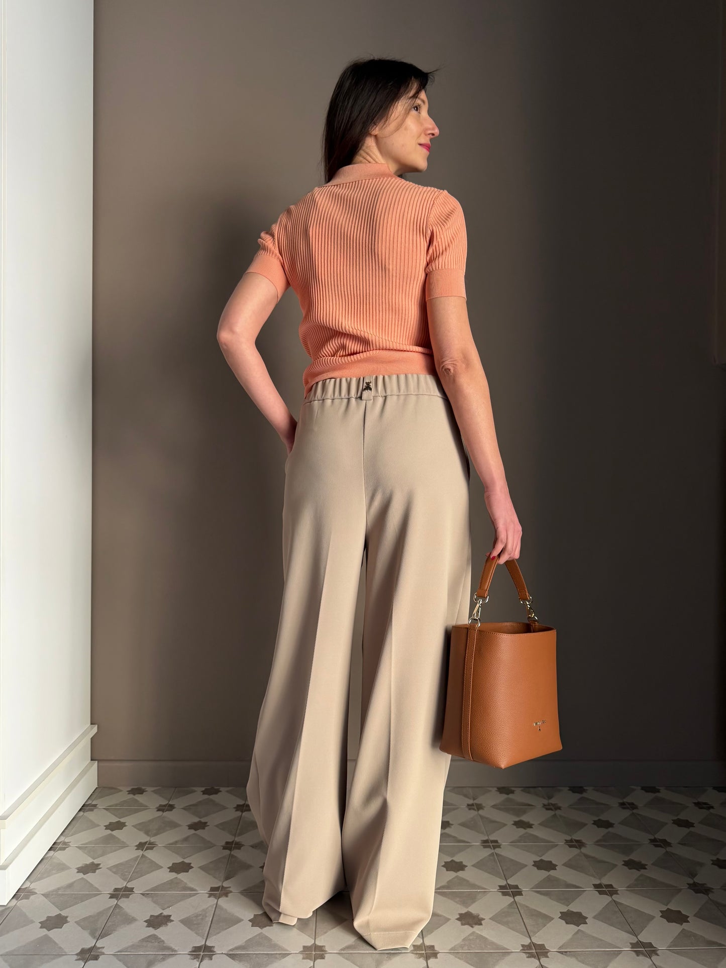 Pantalone a palazzo con elastico Sand Beige