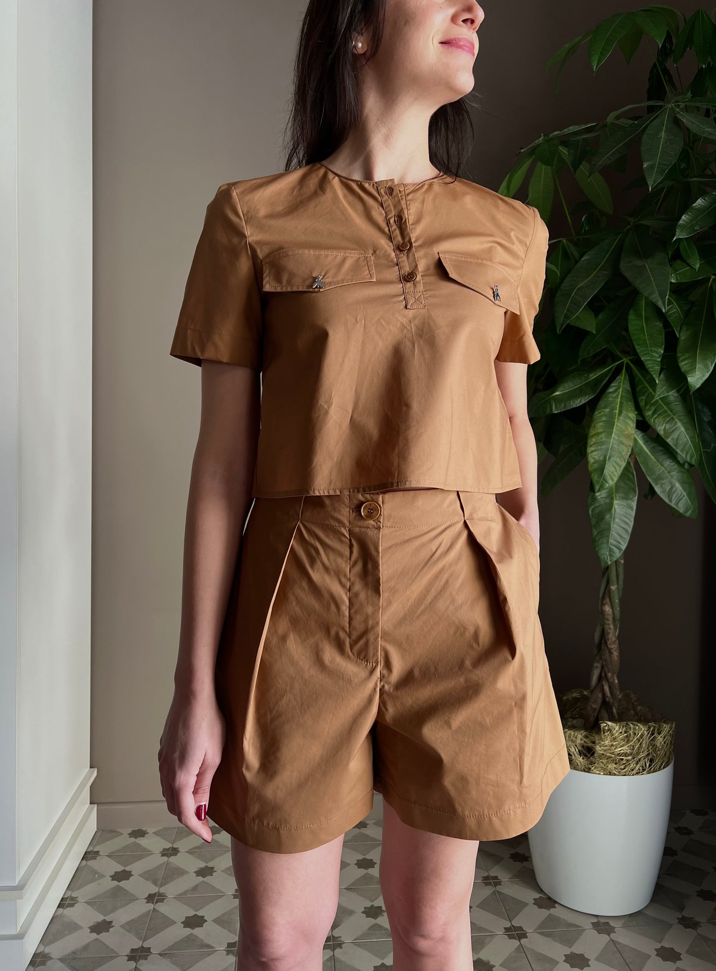 Camicia corta in popeline con foulard