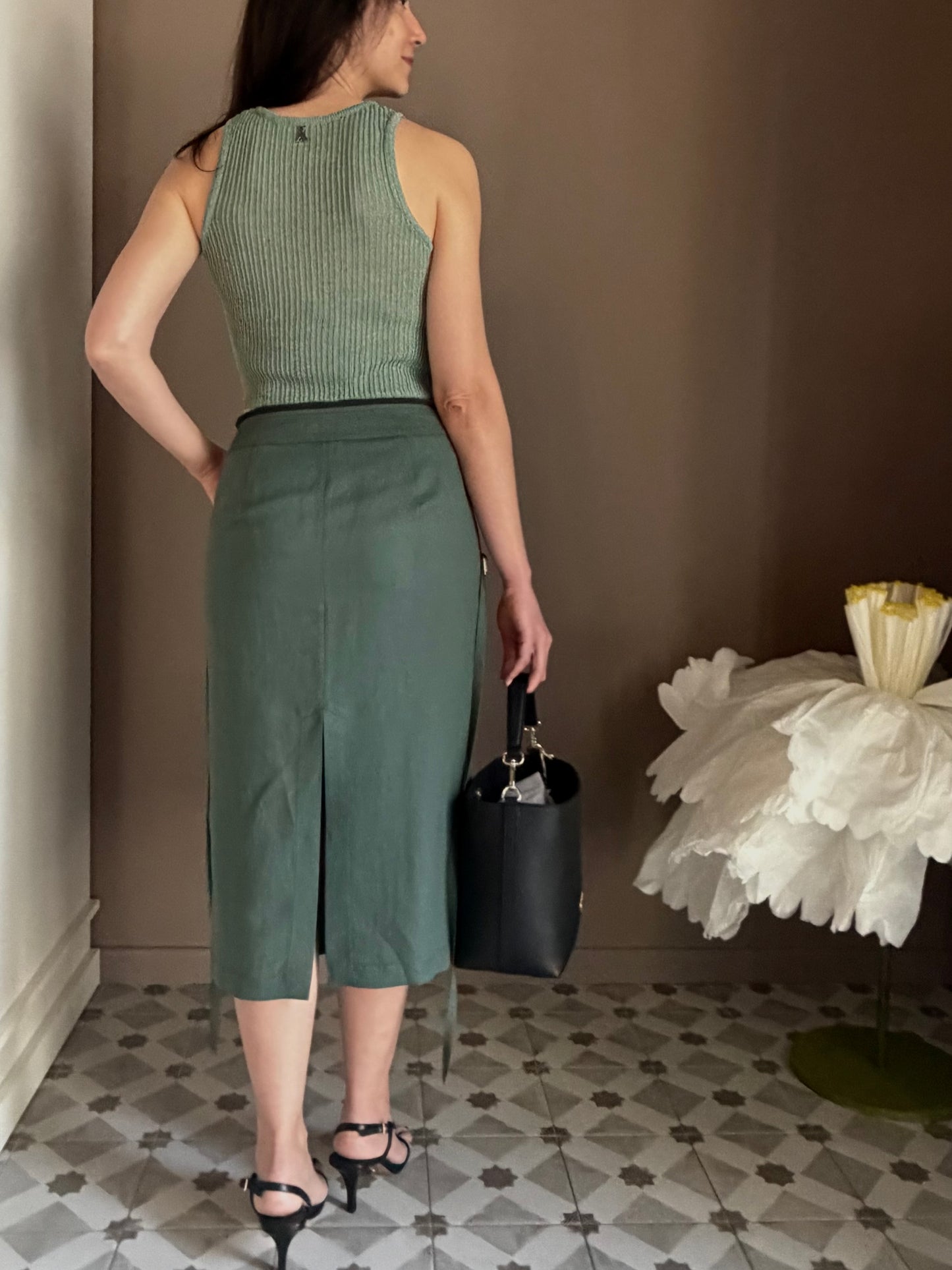 Gonna Midi Patrizia Pepe in Lino e Viscosa – Verde Salvia