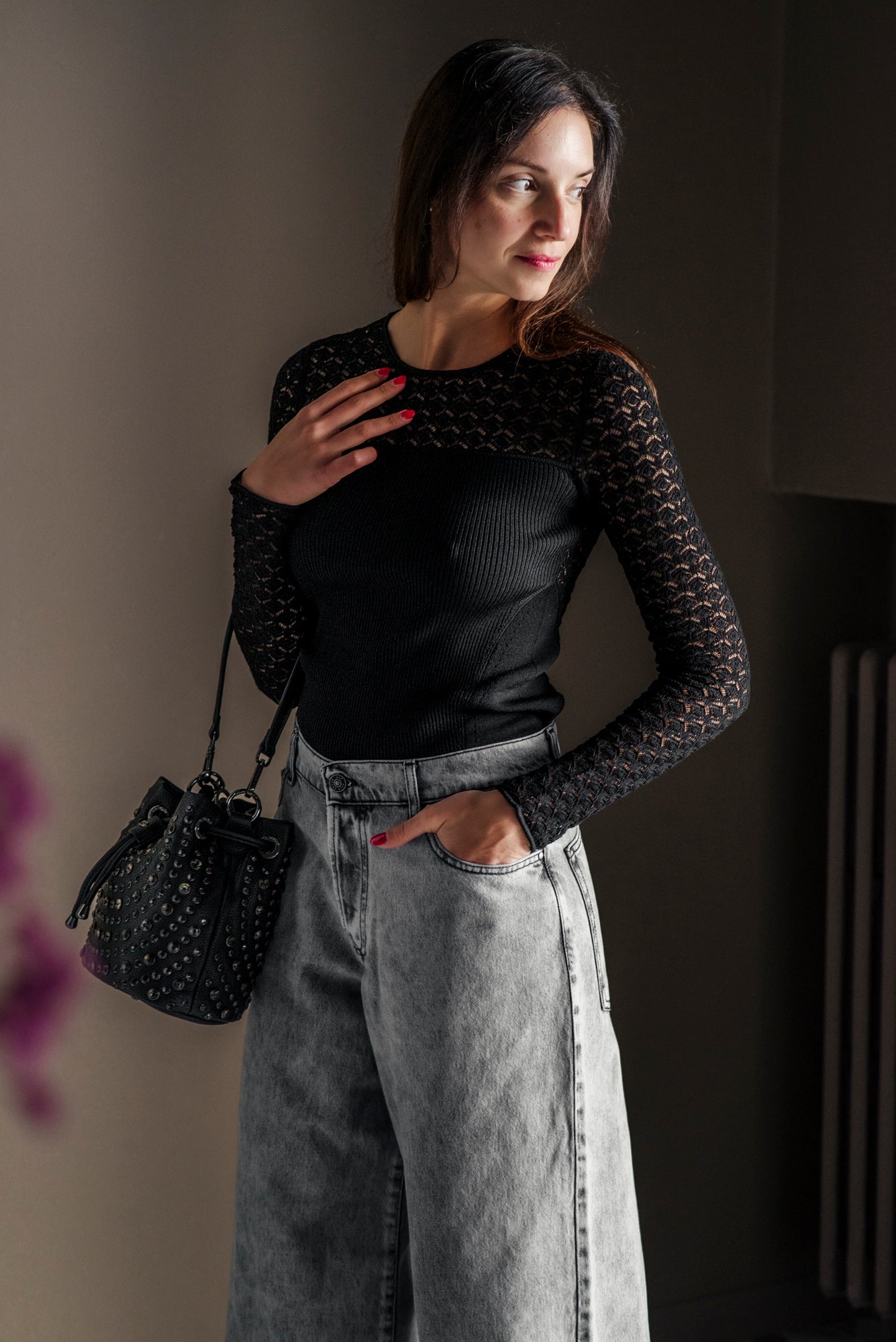 Maglia slim con inserti pizzo francese