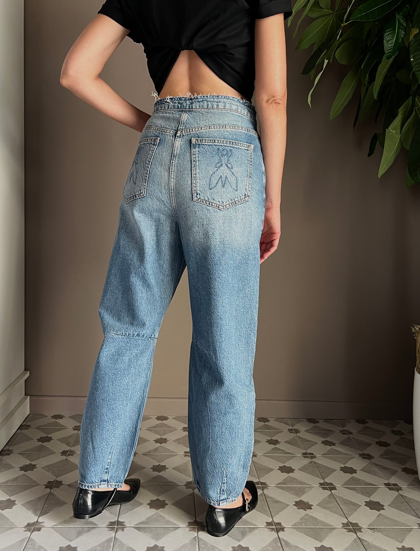 Pantalone denim vita bassa a baloon