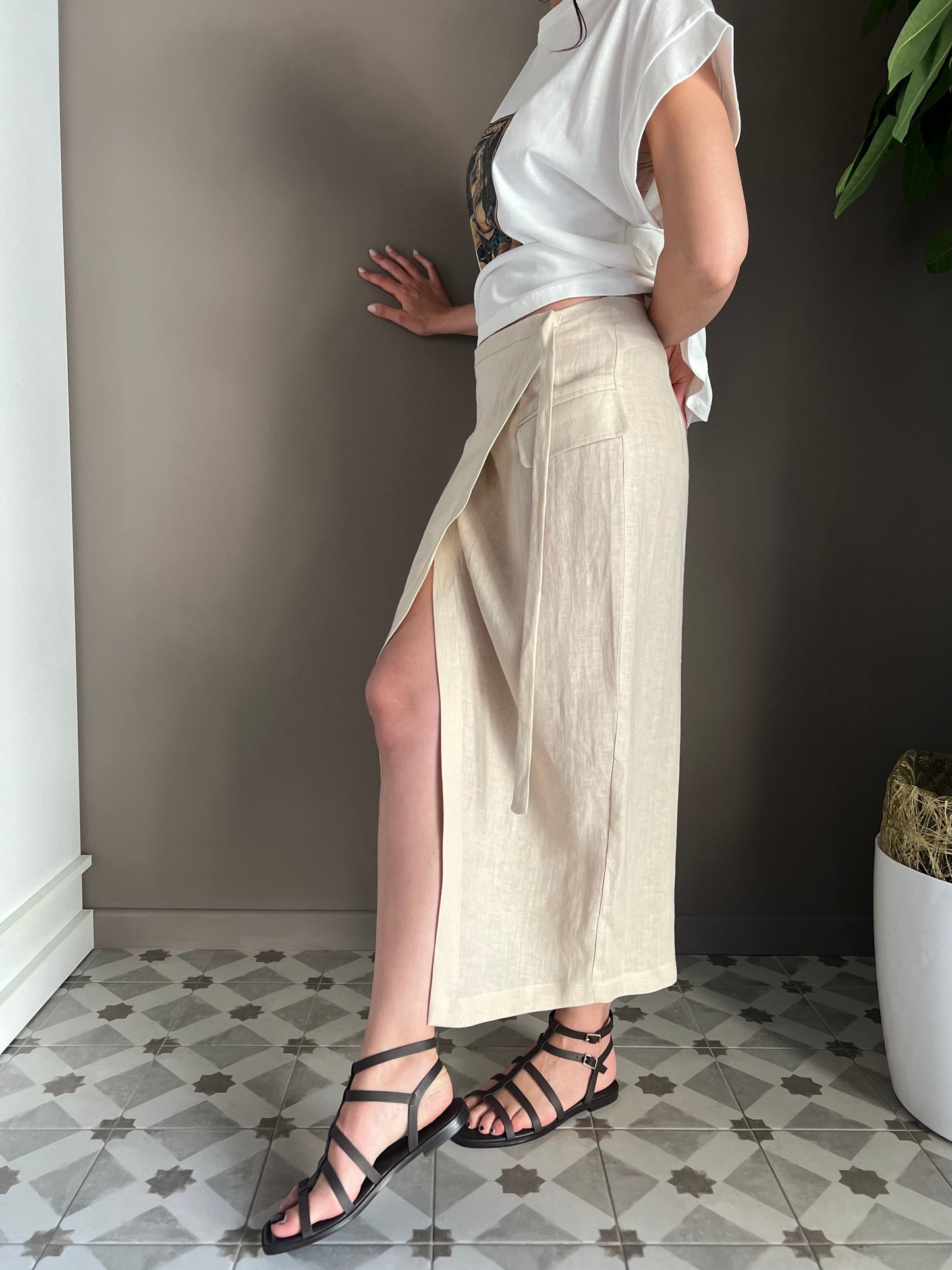Gonna in lino Midi Beige