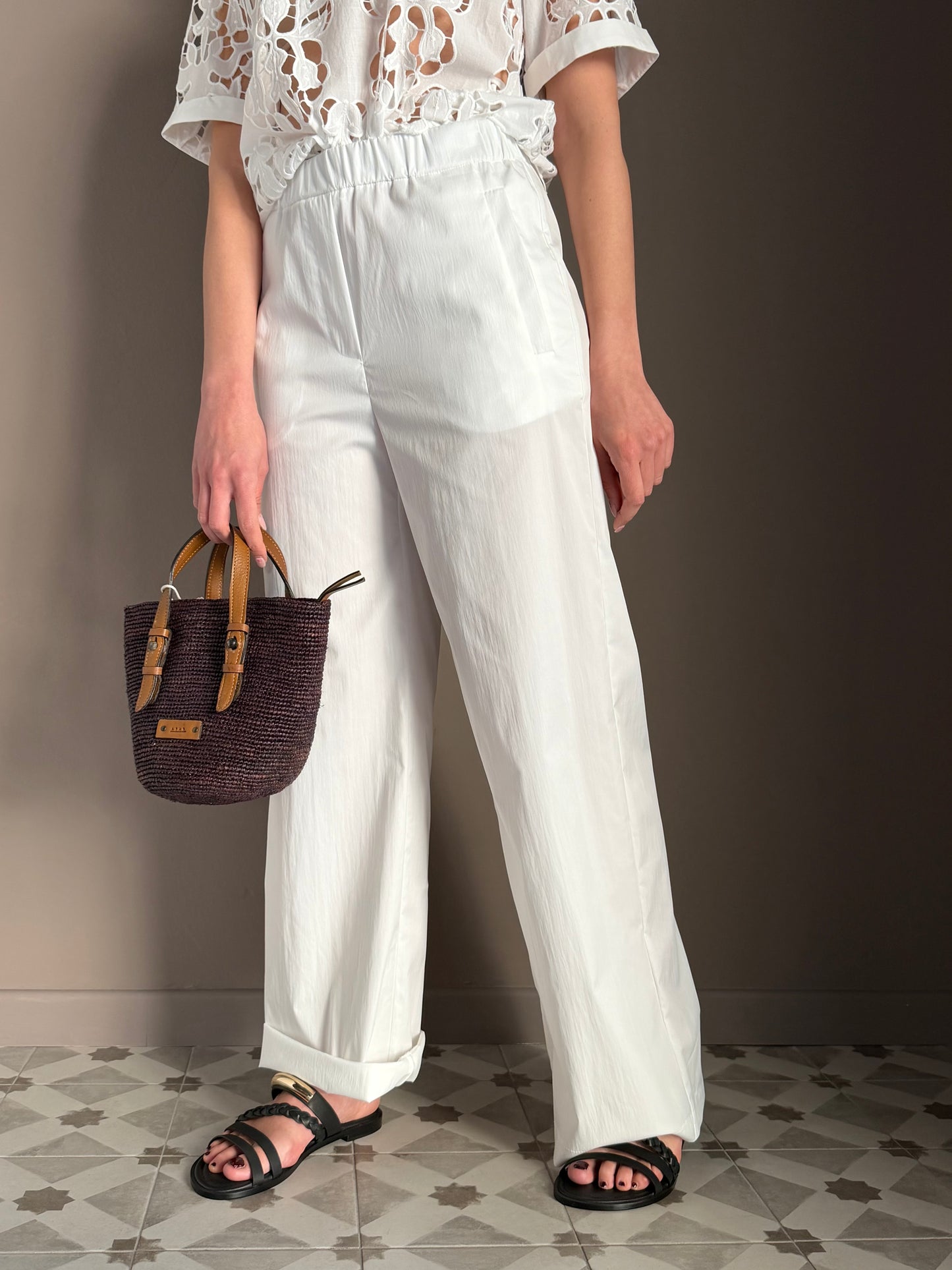 Pantalone in popeline con elastico Bianco