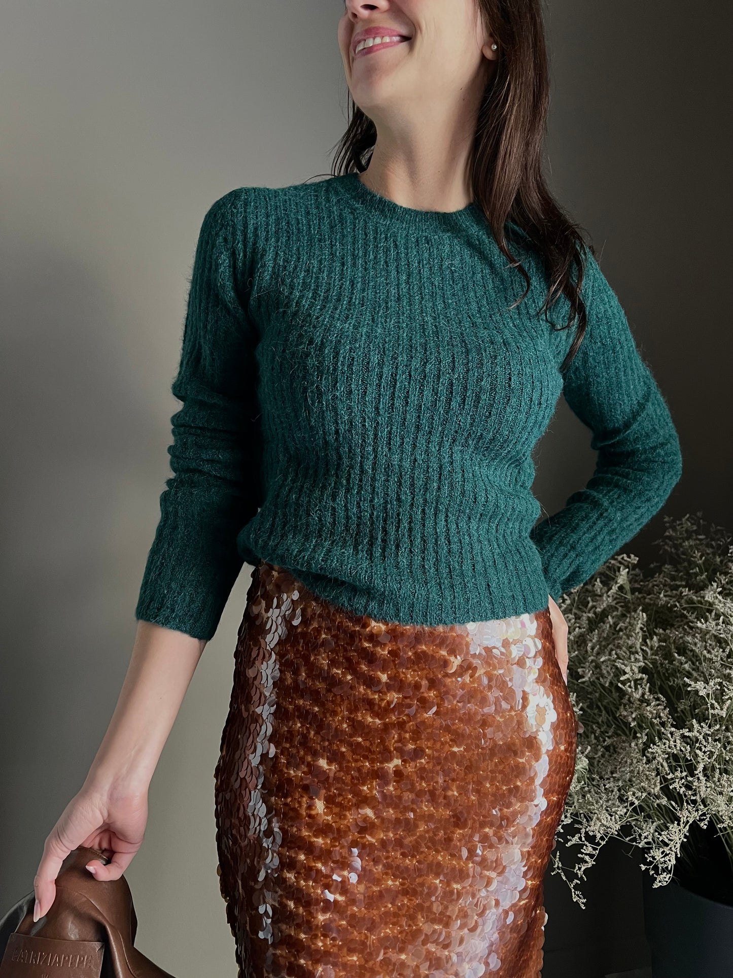 Maglia girocollo slim-fit in misto alpaca-Deep Green