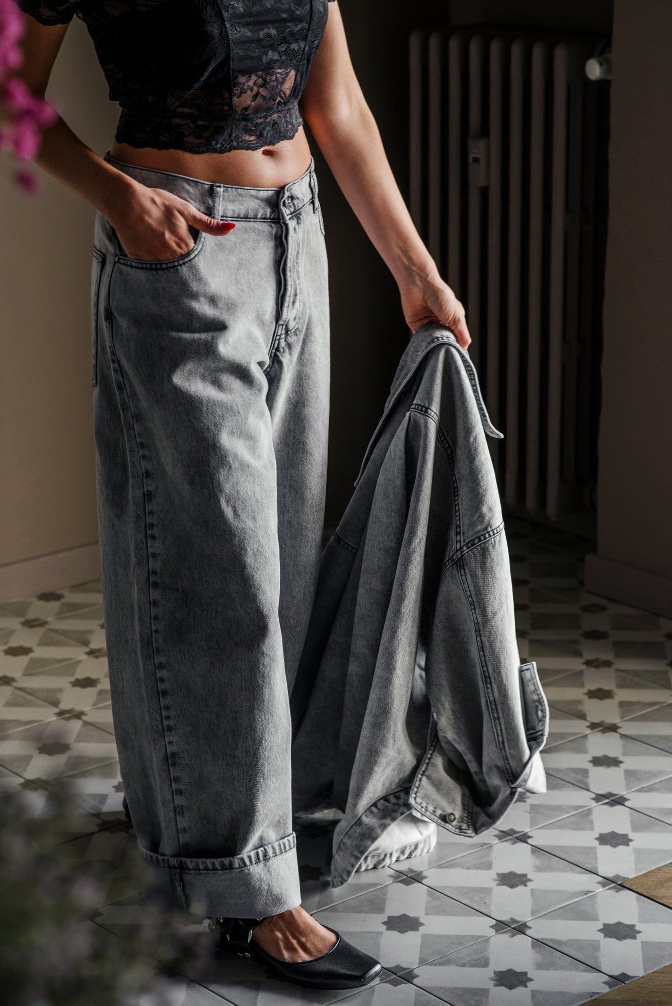 Pantalone denim grigio over