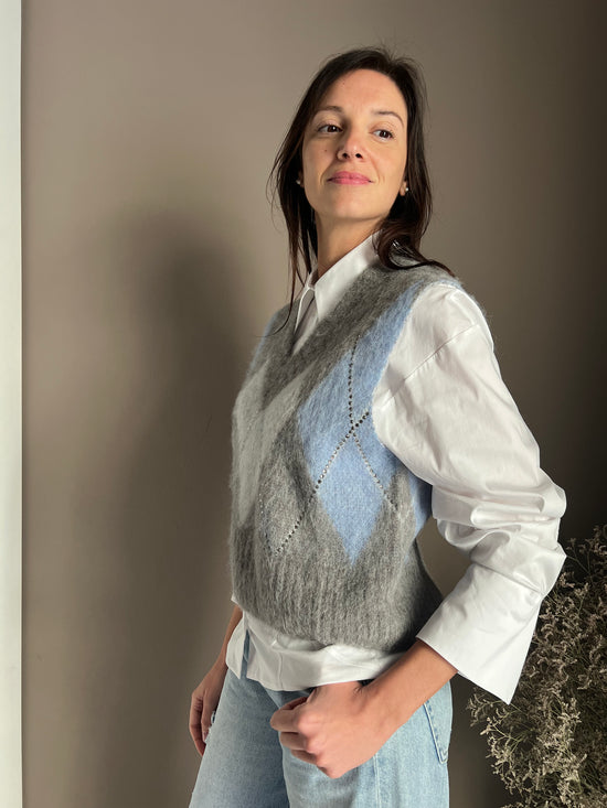 Gilet Oversize in Alpaca e Lana con Motivo Losanghe e Strass