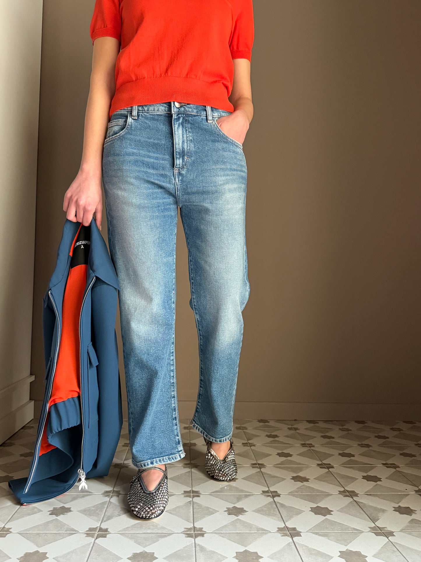 Pantalone denim straight vita bassa