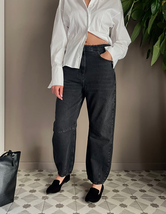 Pantalone denim vita bassa baloon Nero